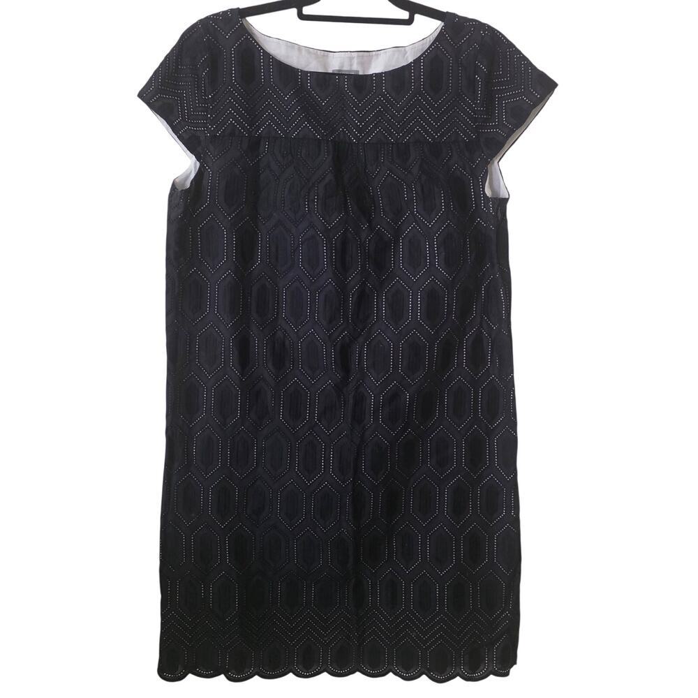 Ann Taylor Navy Blue Geometric Eyelet Cap-Sleeve Shift Dress Size 14